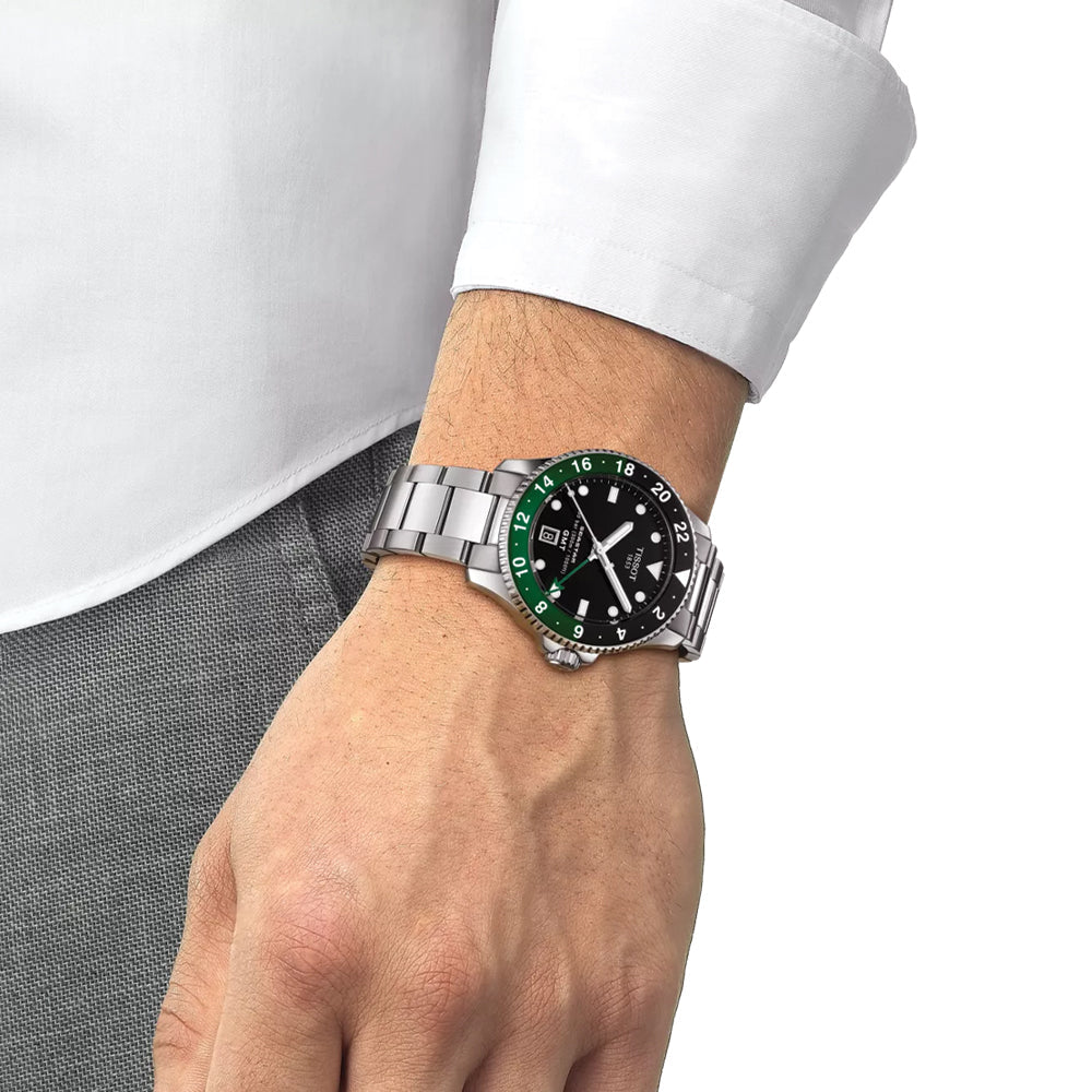 Seastar 1000 GMT Quartz 40mm - Black w/ Green/Black Bezel on Bracelet