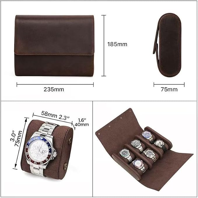 Genuine Leather Watch Roll Travel Case,Vintage Full Grain Leather Watch Box with Pillow for Men,Watch Storage Organizer for Home Storage,Travel Watch Organizer Box (6 Slots)