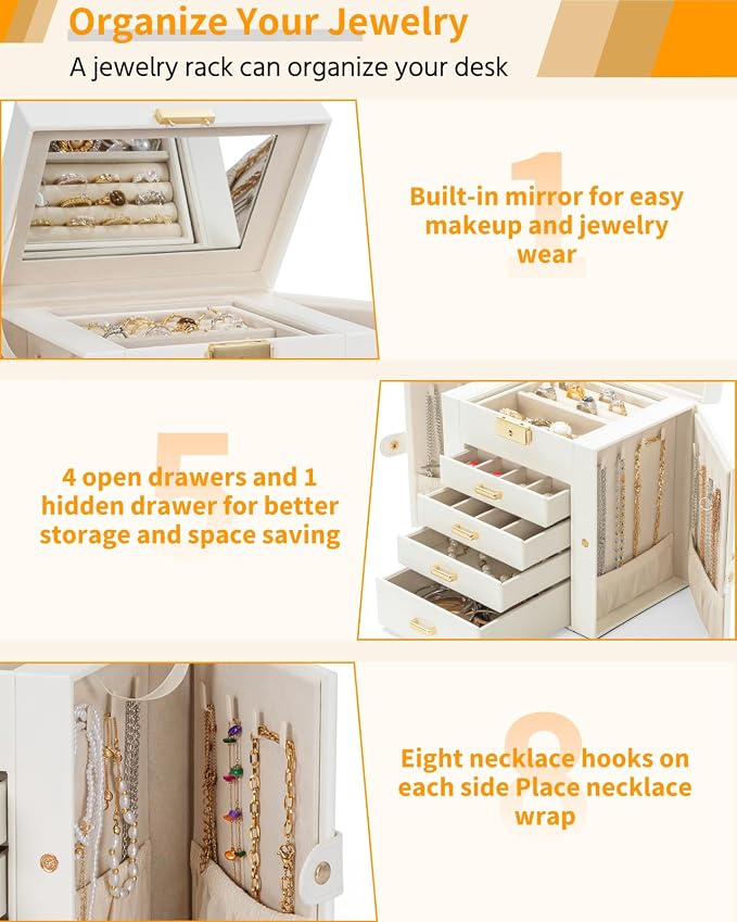 AKOZLIN 5-Tier Jewelry Box Leather Jewelry Storage Organizer with 4 Drawers Lockable for Women Girls Ring Necklace Earring Bracelet Watches Holder with Mirror White