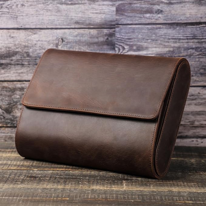 Genuine Leather Watch Roll Travel Case,Vintage Full Grain Leather Watch Box with Pillow for Men,Watch Storage Organizer for Home Storage,Travel Watch Organizer Box (6 Slots)